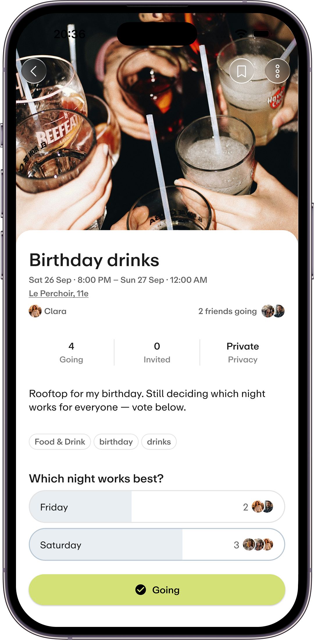 A Ketchup event, Birthday drinks, showing who is going and a poll for which night works best